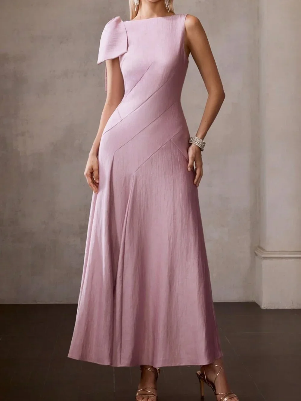 Lilac Purple Elegant Women's French Bow Tie Strap A-Line Dress